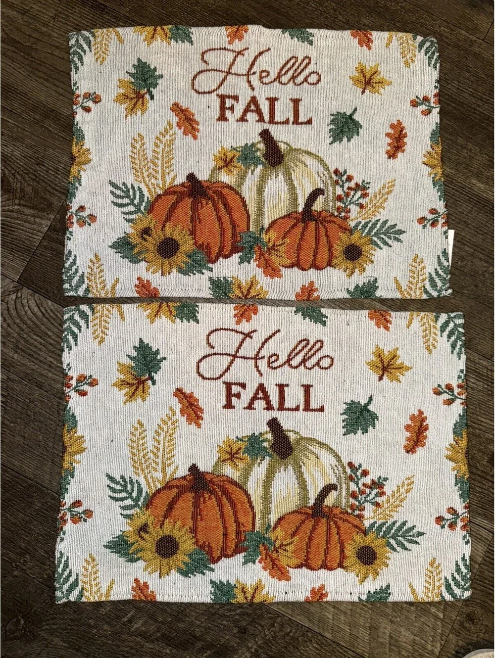 2 Placemats Hello Fall Thanksgiving Leaves Pumpkin Rectangle, fall decor